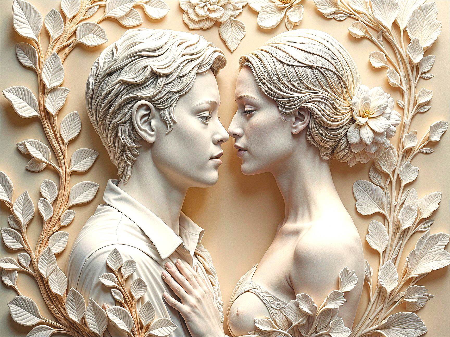 Relief Sculpture of Young Couple with Floral Patterns