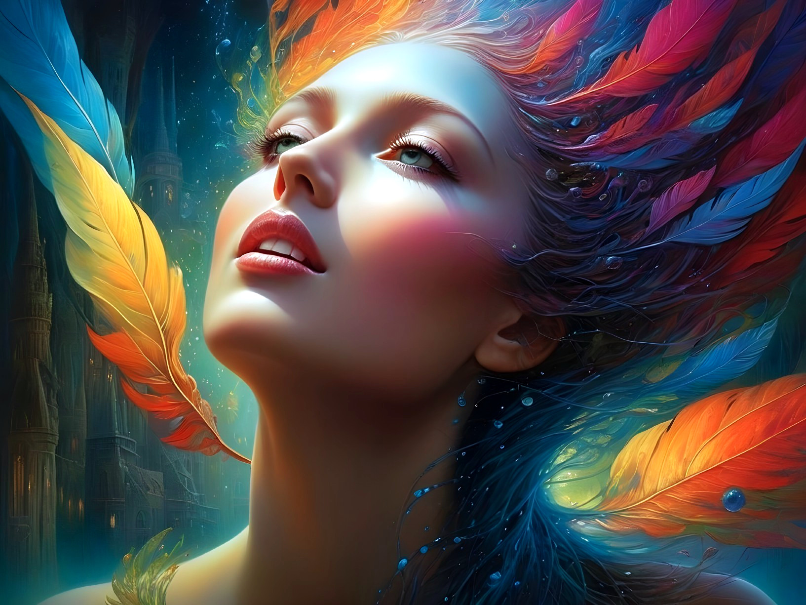 Ethereal Woman with Multicolored Feathers in Fantasy Scene