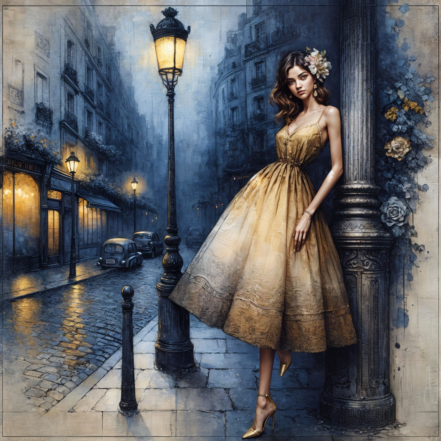 Twilight Paris Street Scene with Elegant Figure in Dress