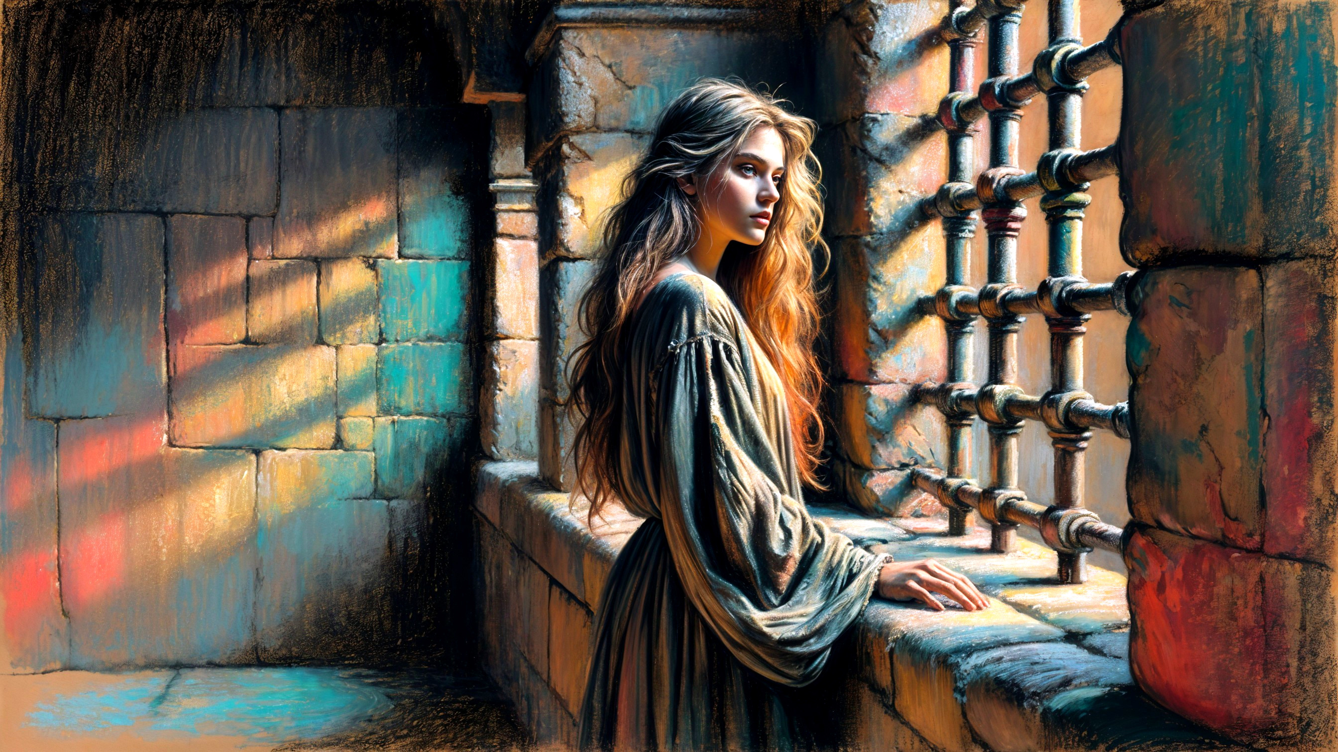 Young Woman Contemplating by Stone Window with Light
