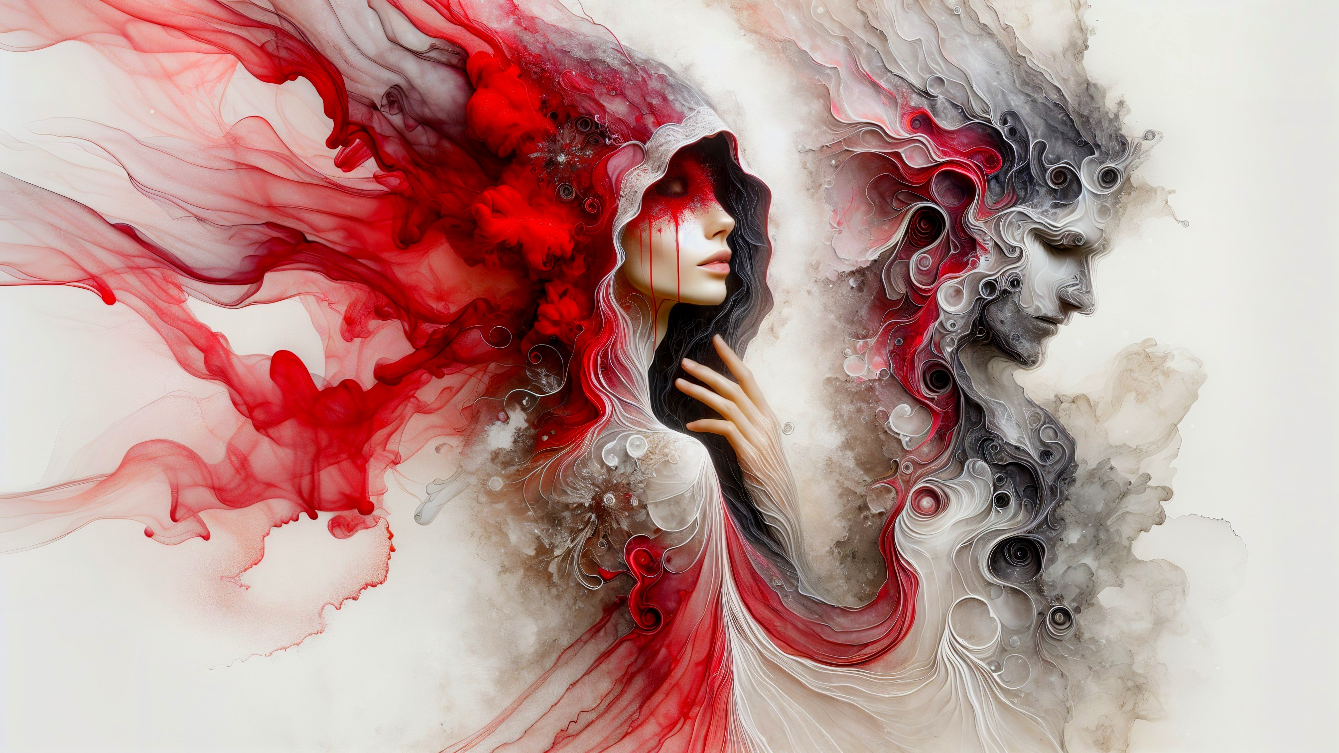 Artwork of a woman in a red hood with swirling colors