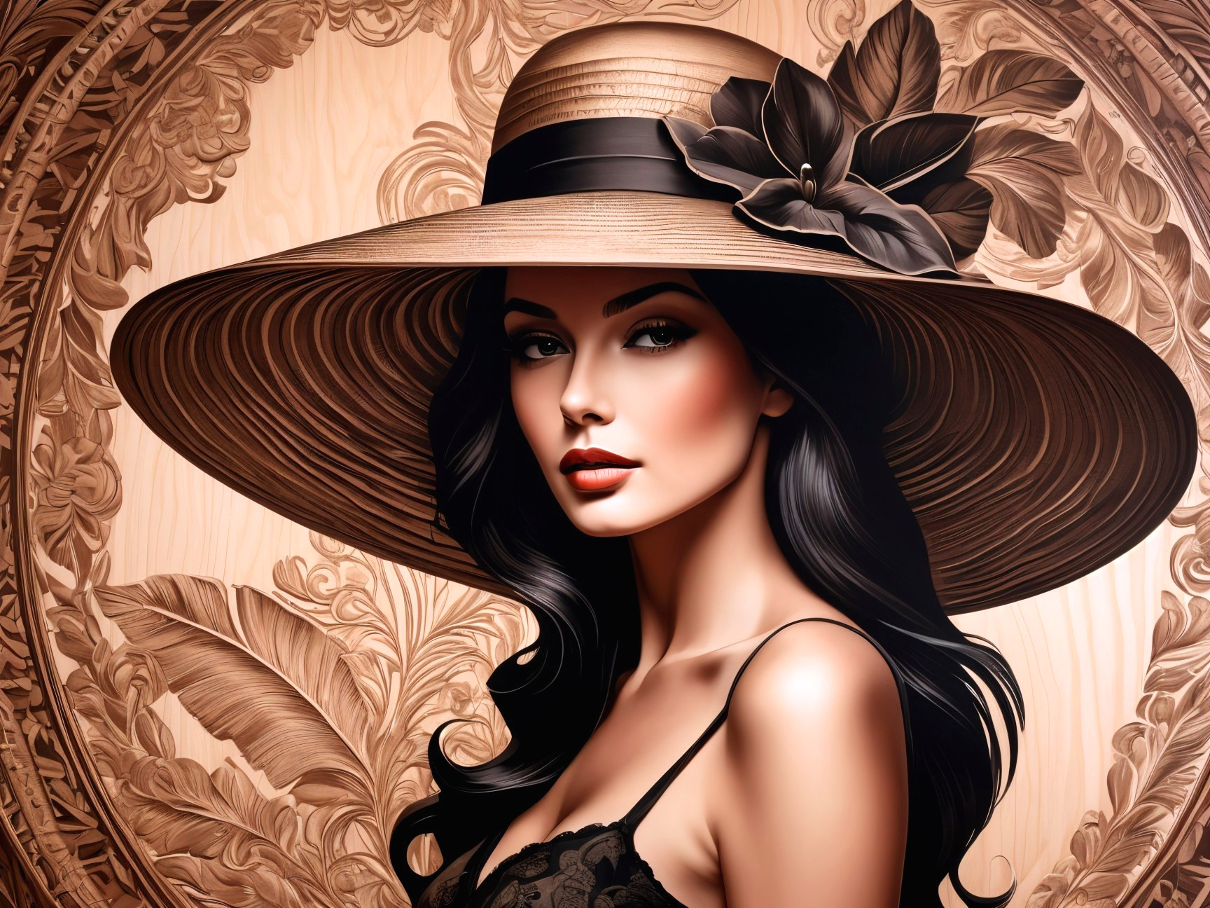 Elegant Woman in Straw Hat with Floral Accent