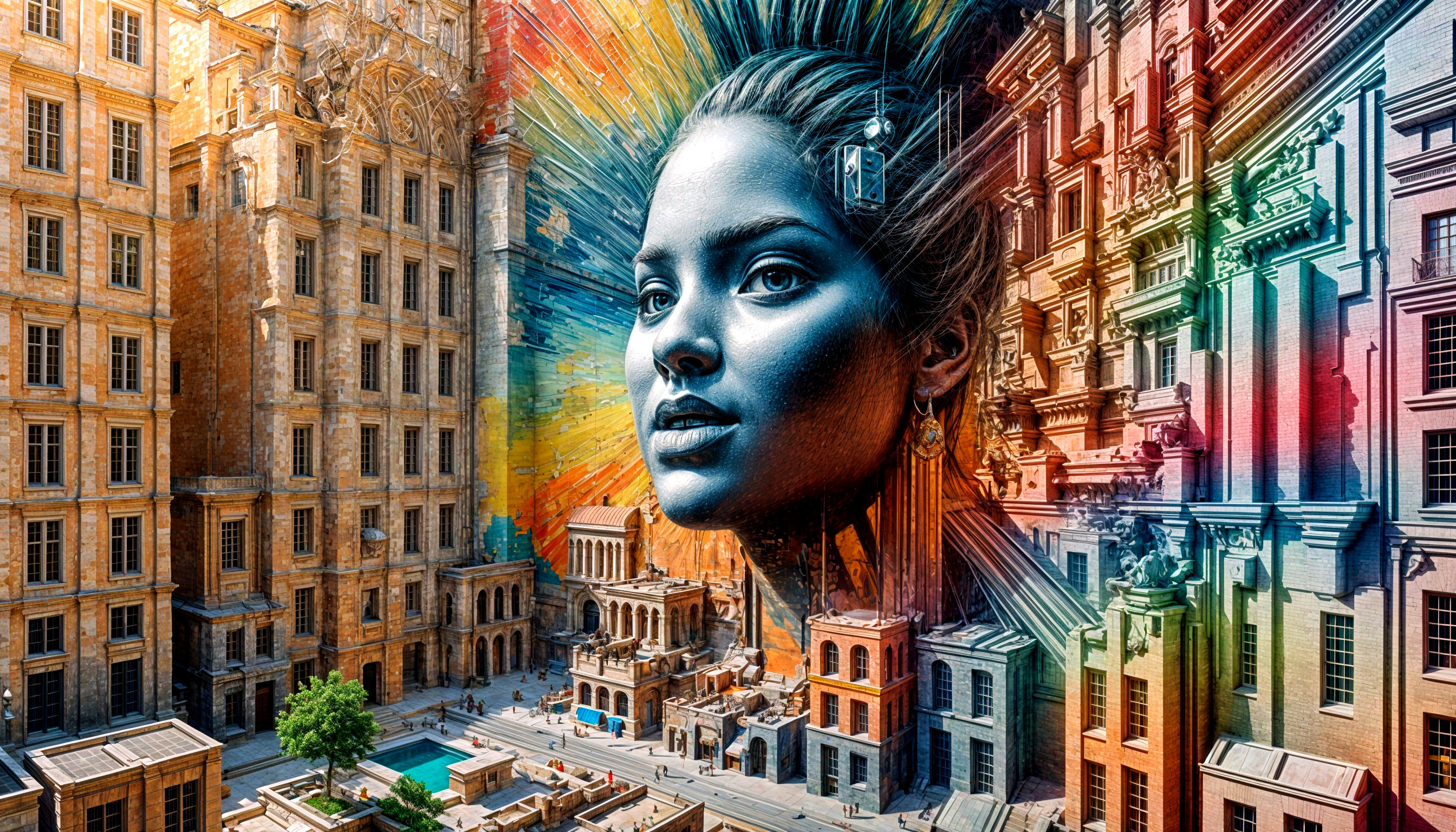 Historic Buildings and Mural Surrounding a Pool