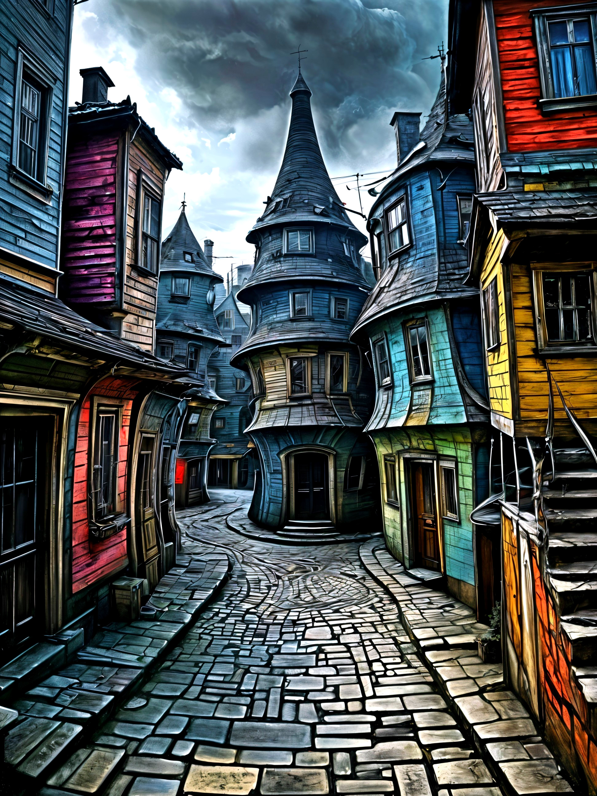 Narrow Cobblestone Street with Colorful Whimsical Buildings
