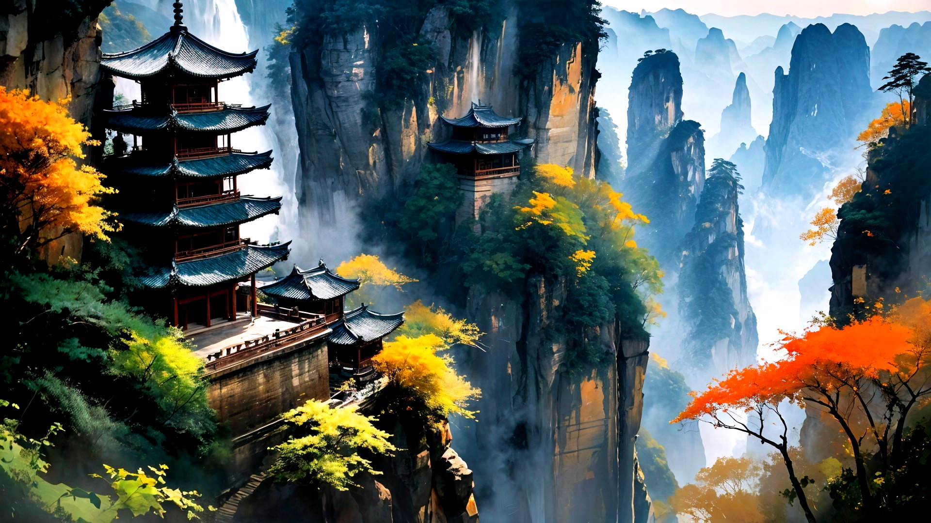 Ancient Pagodas Amidst Autumn Foliage and Misty Peaks
