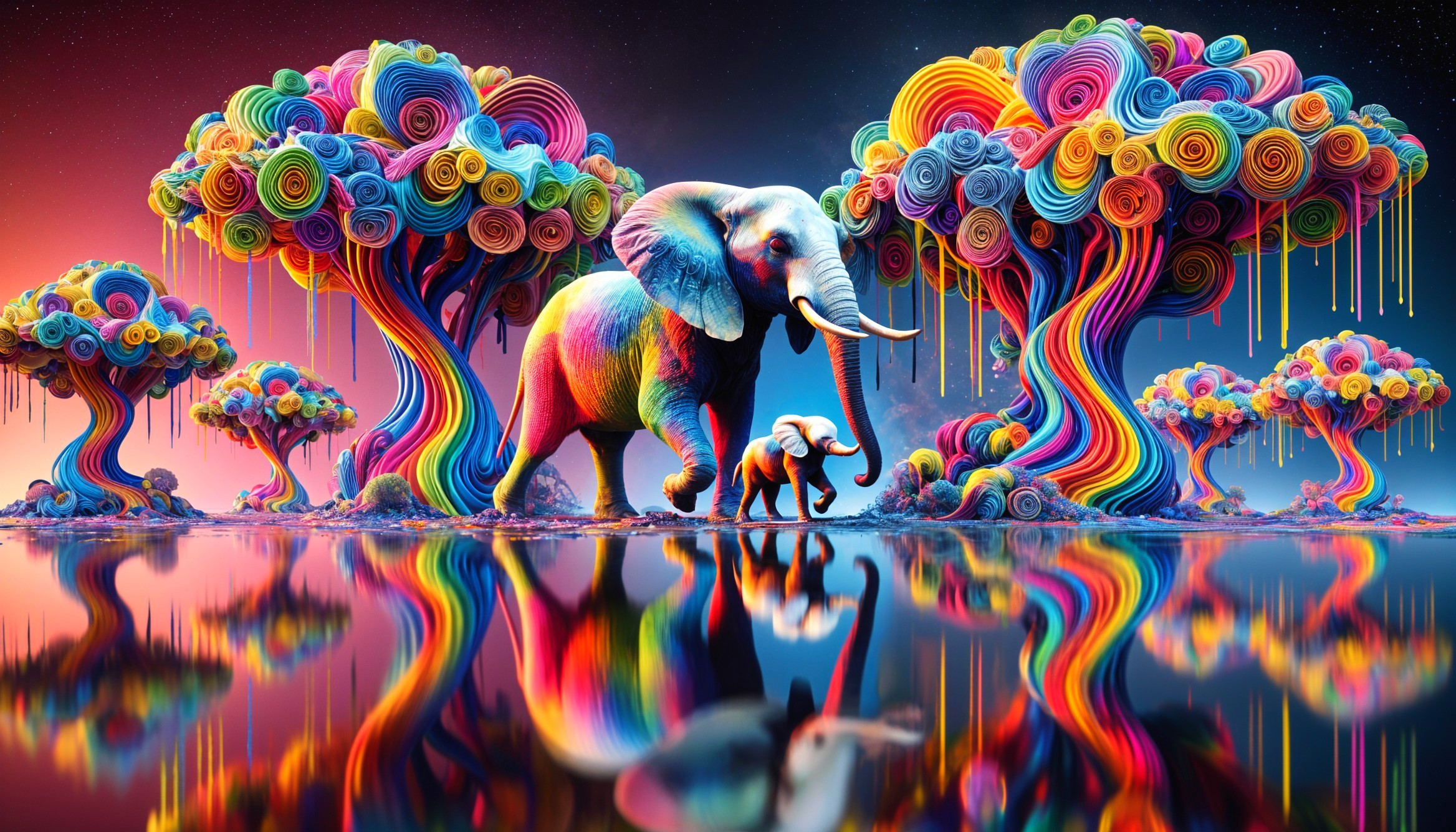 Surreal Landscape with Colorful Elephants and Trees