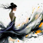 Elegant Woman in Flowing Dark Fabric with Color Accents