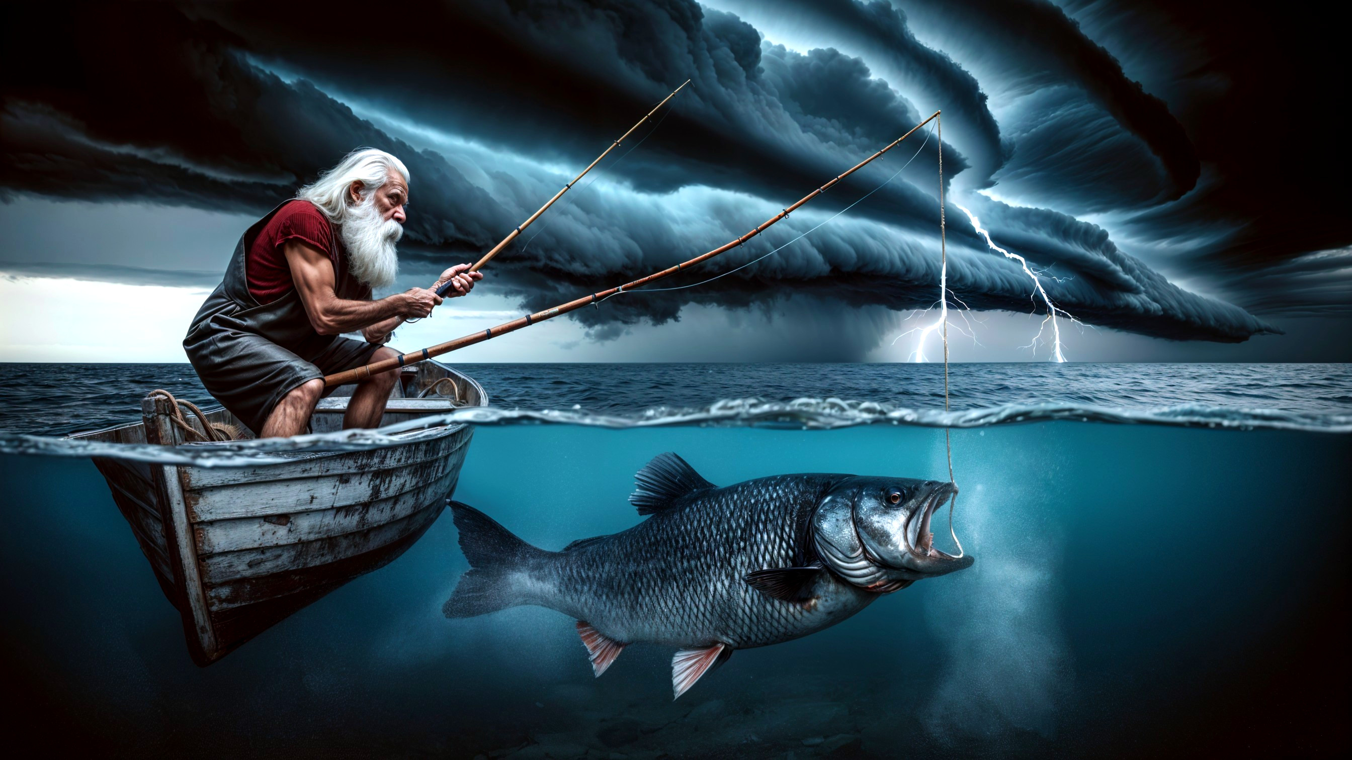 Elderly Fisherman in Stormy Sea with Lightning