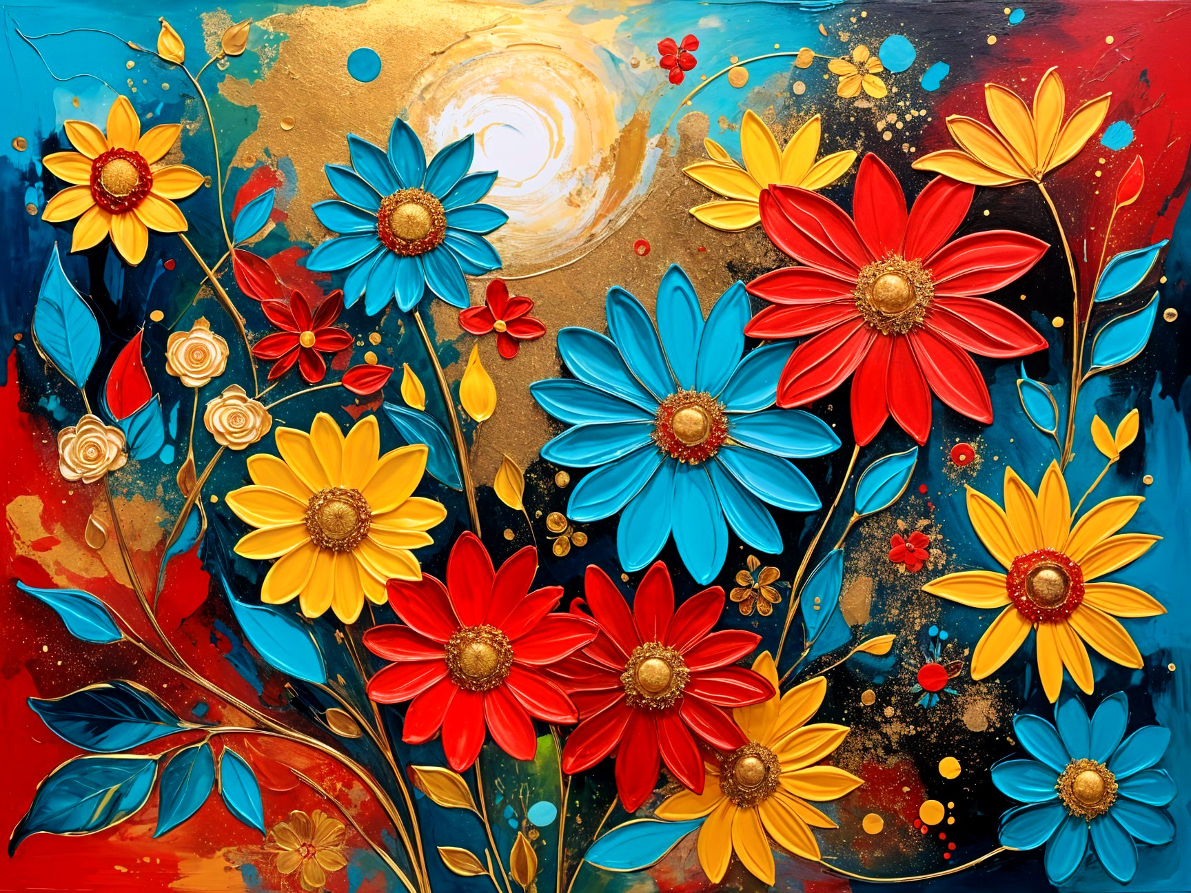 Vibrant Abstract Painting with Colorful Flowers and Gold