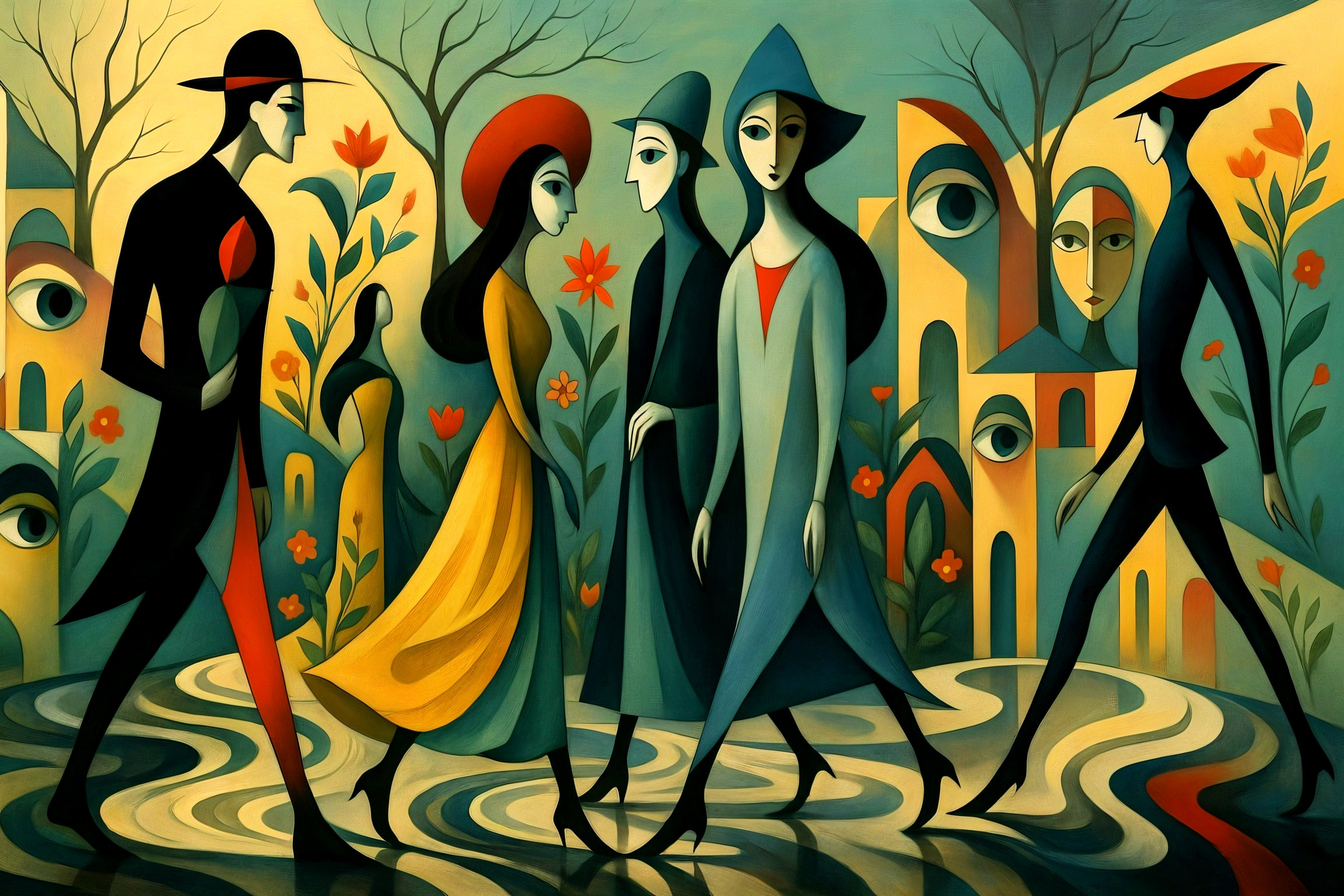 Stylized Figures in Abstract Landscape with Whimsical Elements