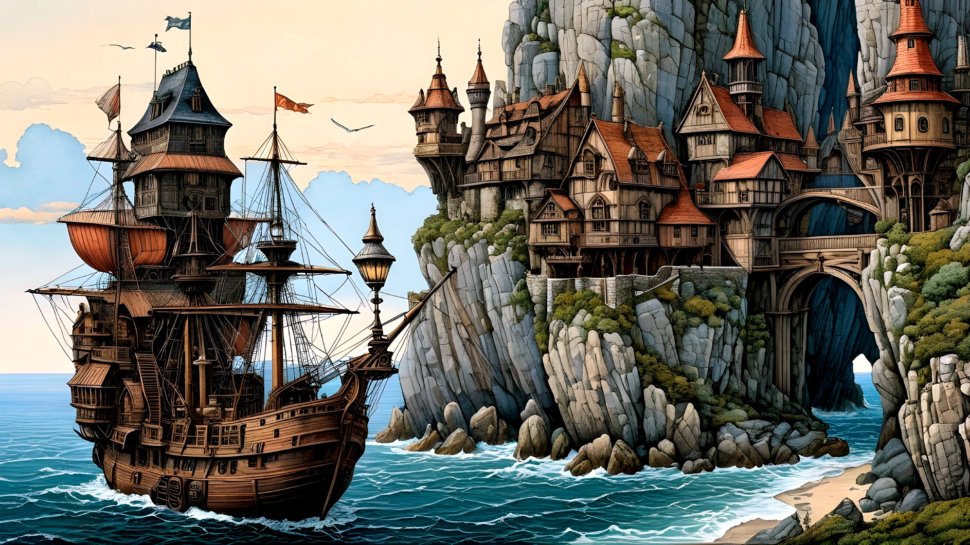 Majestic Ship Anchored by Rugged Coastline with Cliffs
