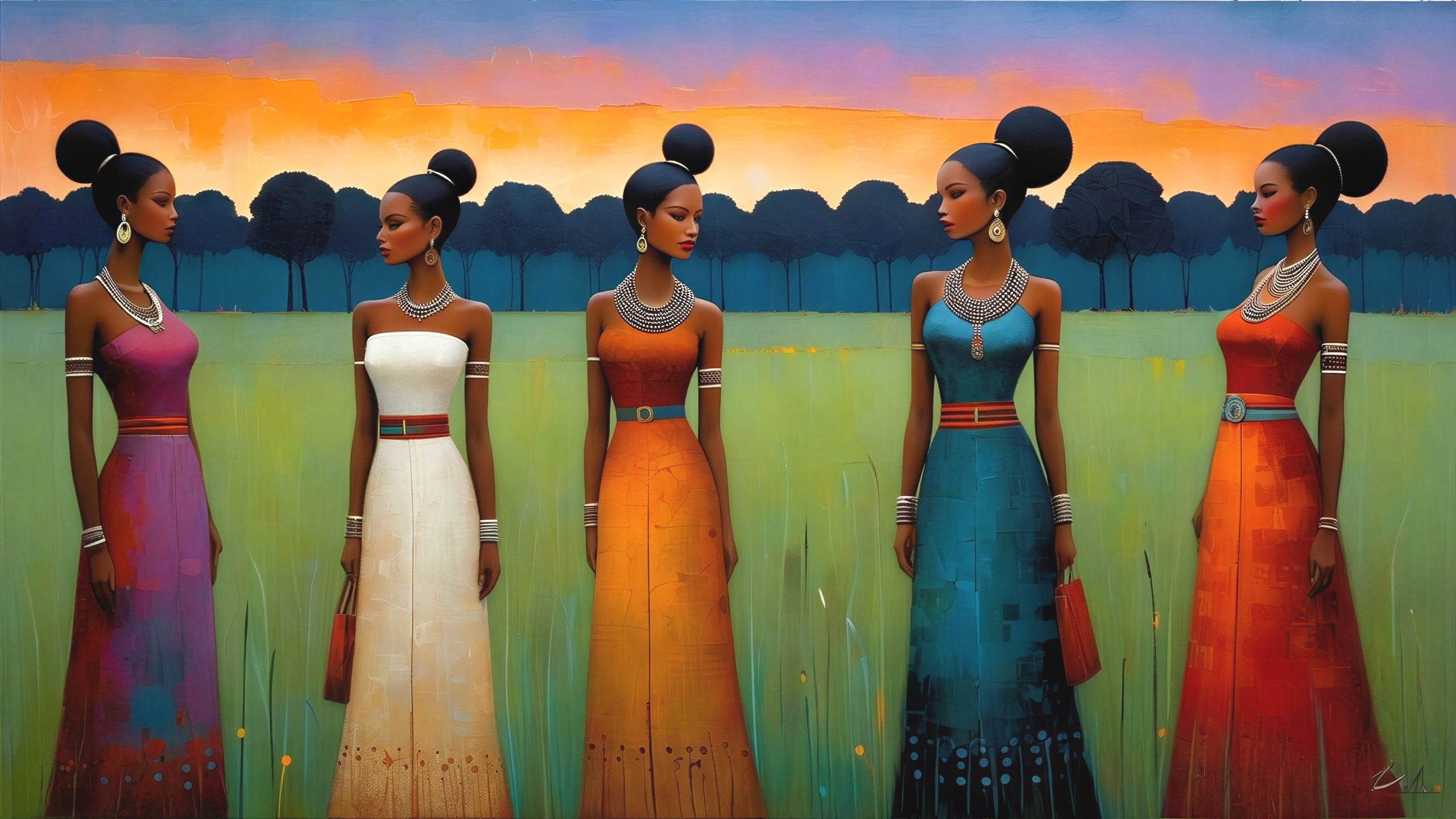 Five Women in Vibrant Dresses on Green Field