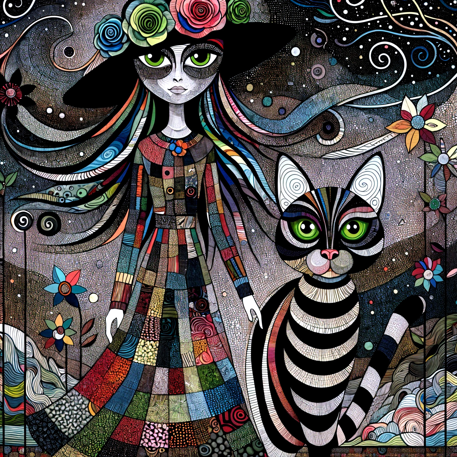 Whimsical Girl with Floral Hat and Striped Cat