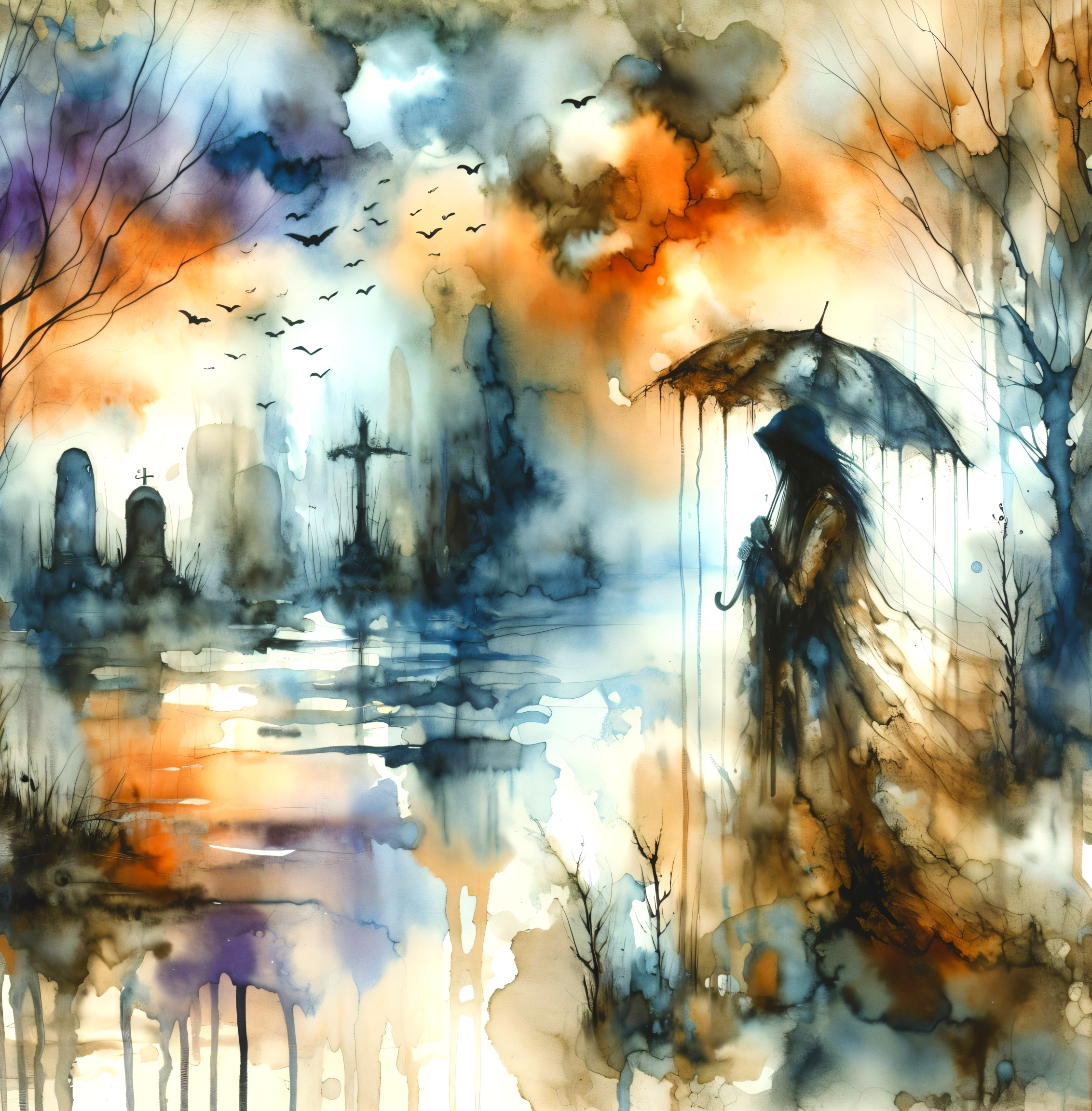 Cloaked Figure by Misty Lake in Watercolor Scene