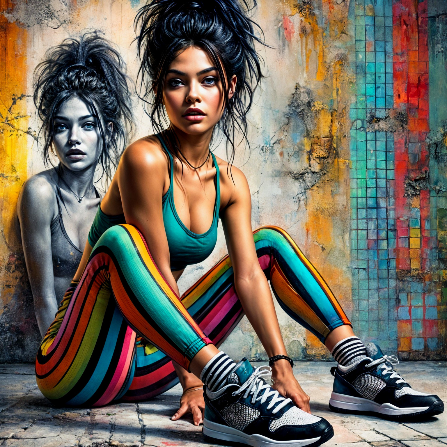Young woman in vibrant leggings against textured wall