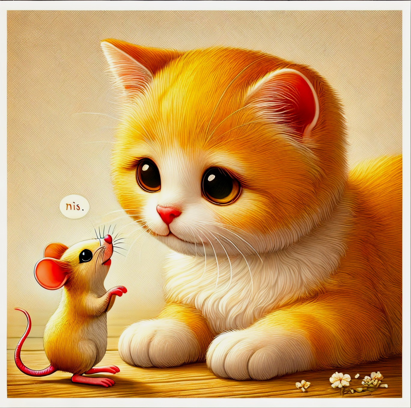 Curious orange kitten and animated mouse interaction