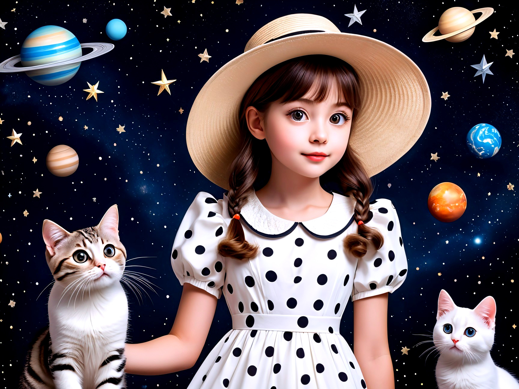 Young girl with cats in a cosmic background scene