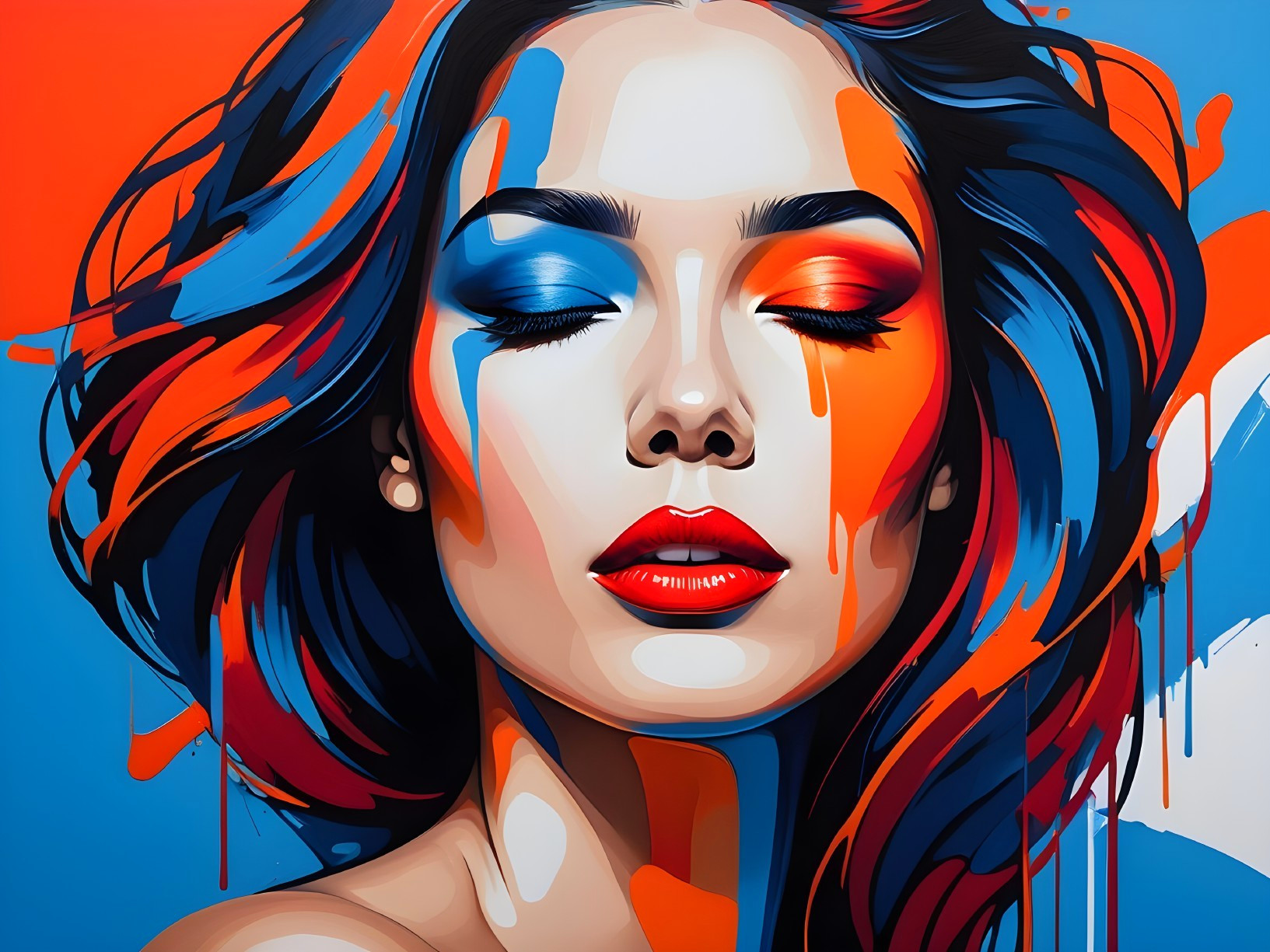 Close-Up Portrait of a Woman in Blue and Orange
