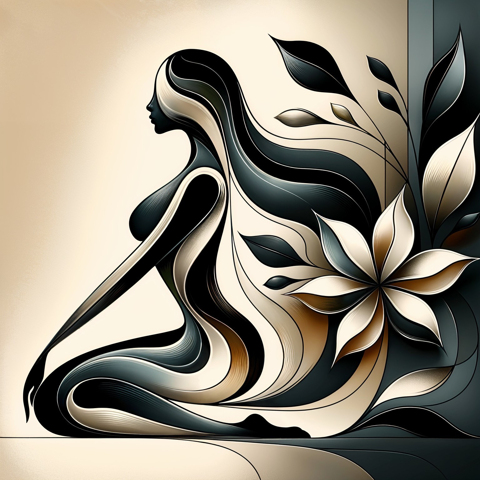 Elegant Silhouette of a Seated Woman with Nature Elements