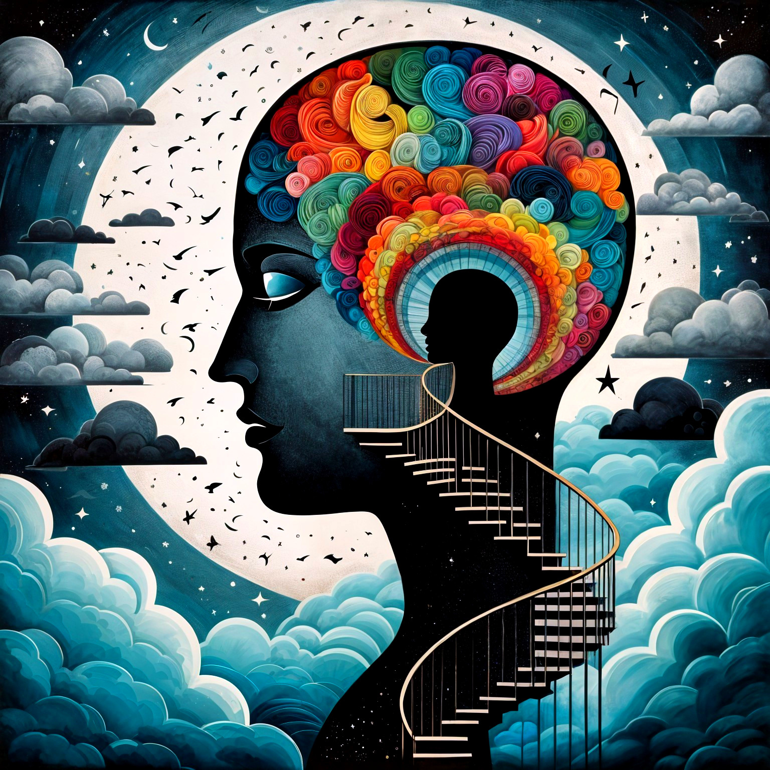 Silhouette of a Head with Colorful Thought Patterns