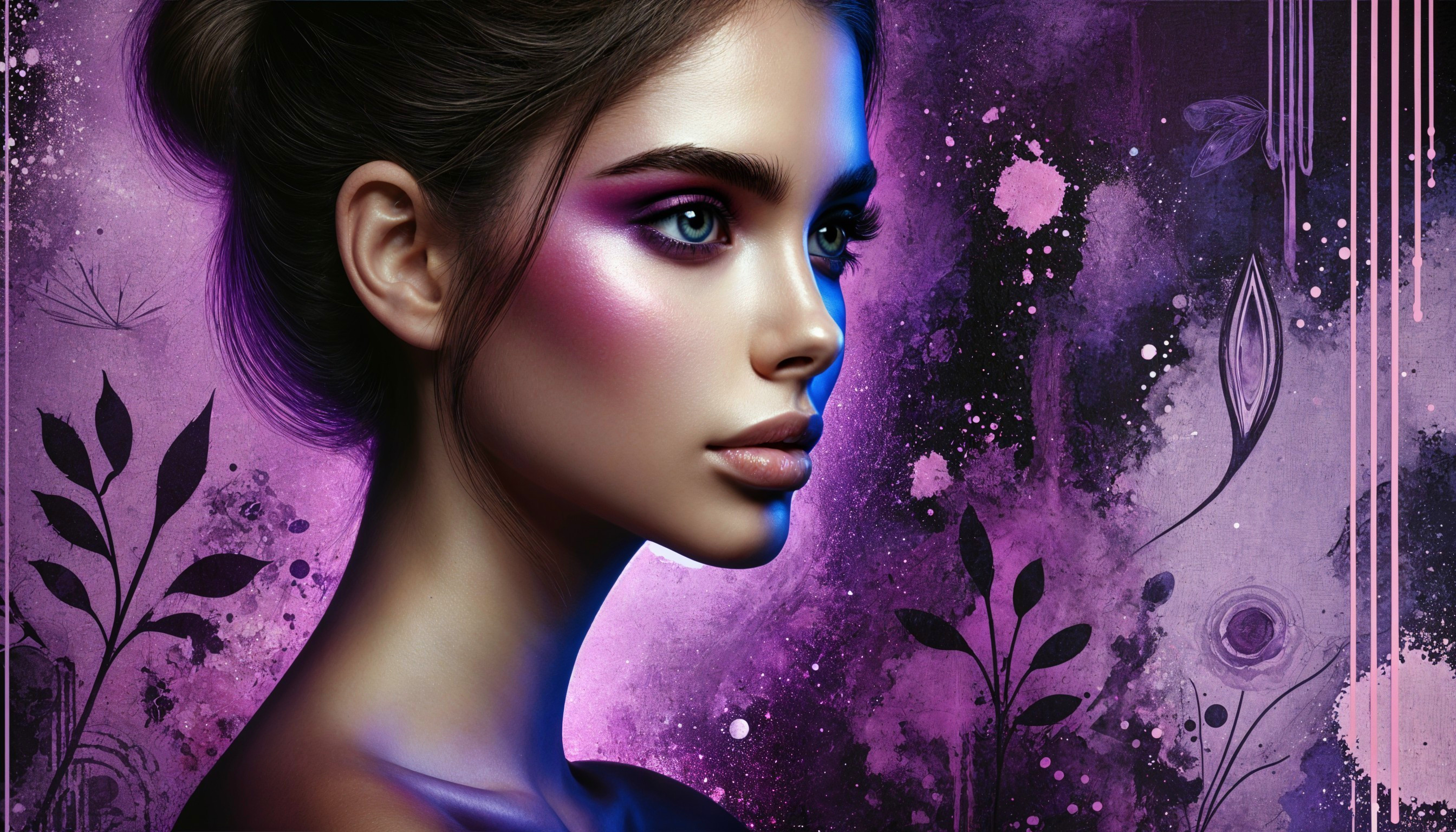 Portrait of a Woman with Bold Purple Makeup and Floral Background