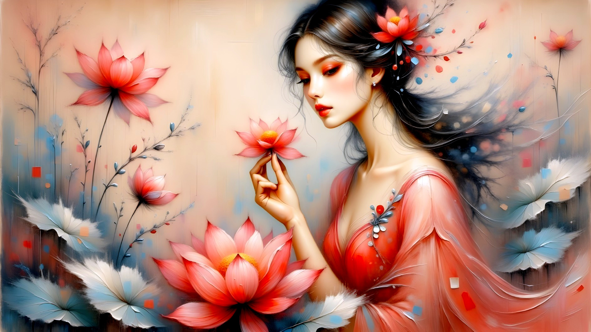 Serene Woman in Red Gown with Lotus Flowers