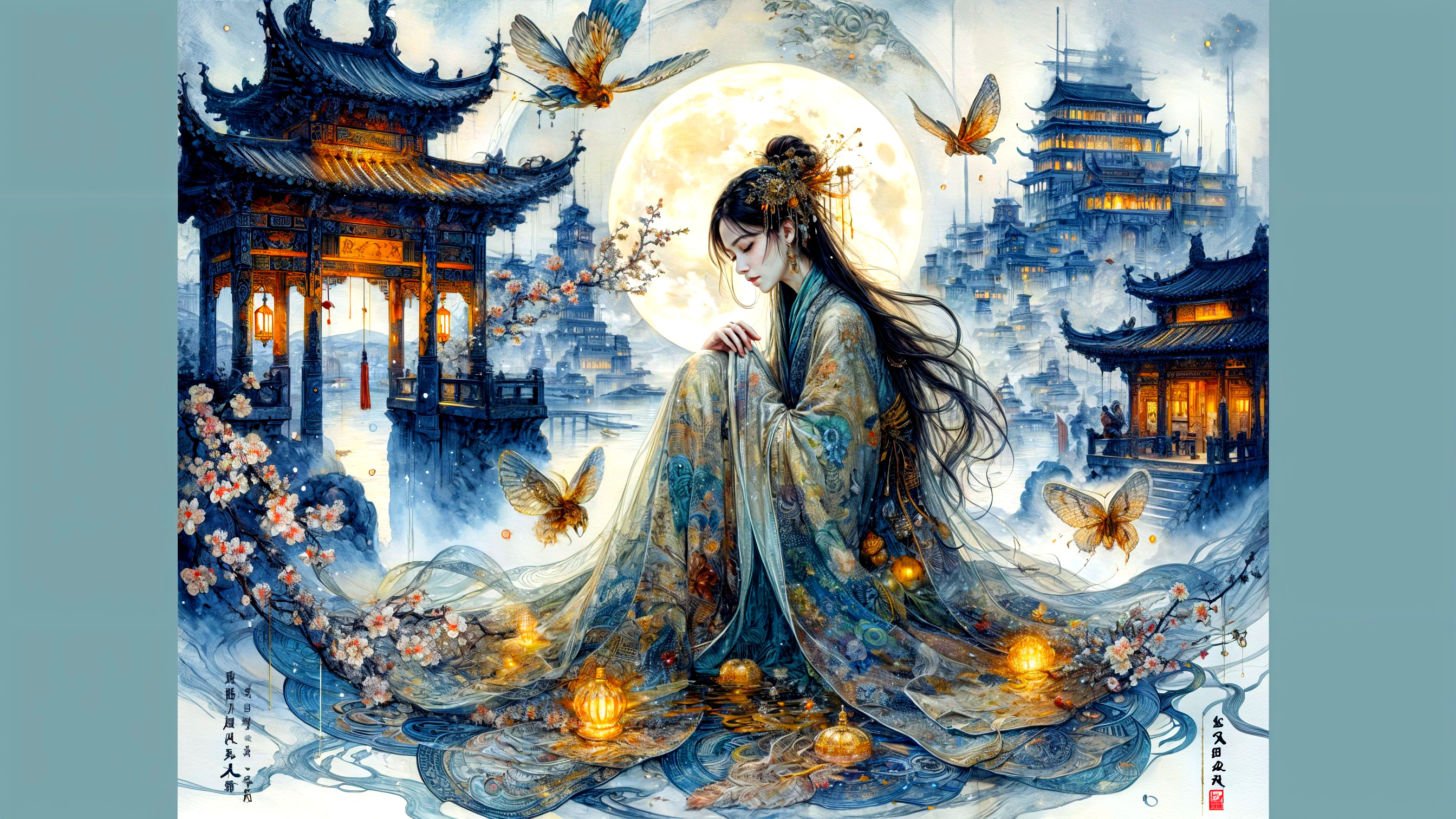 Young Woman in Elegant Dress Amidst Tranquil Landscape