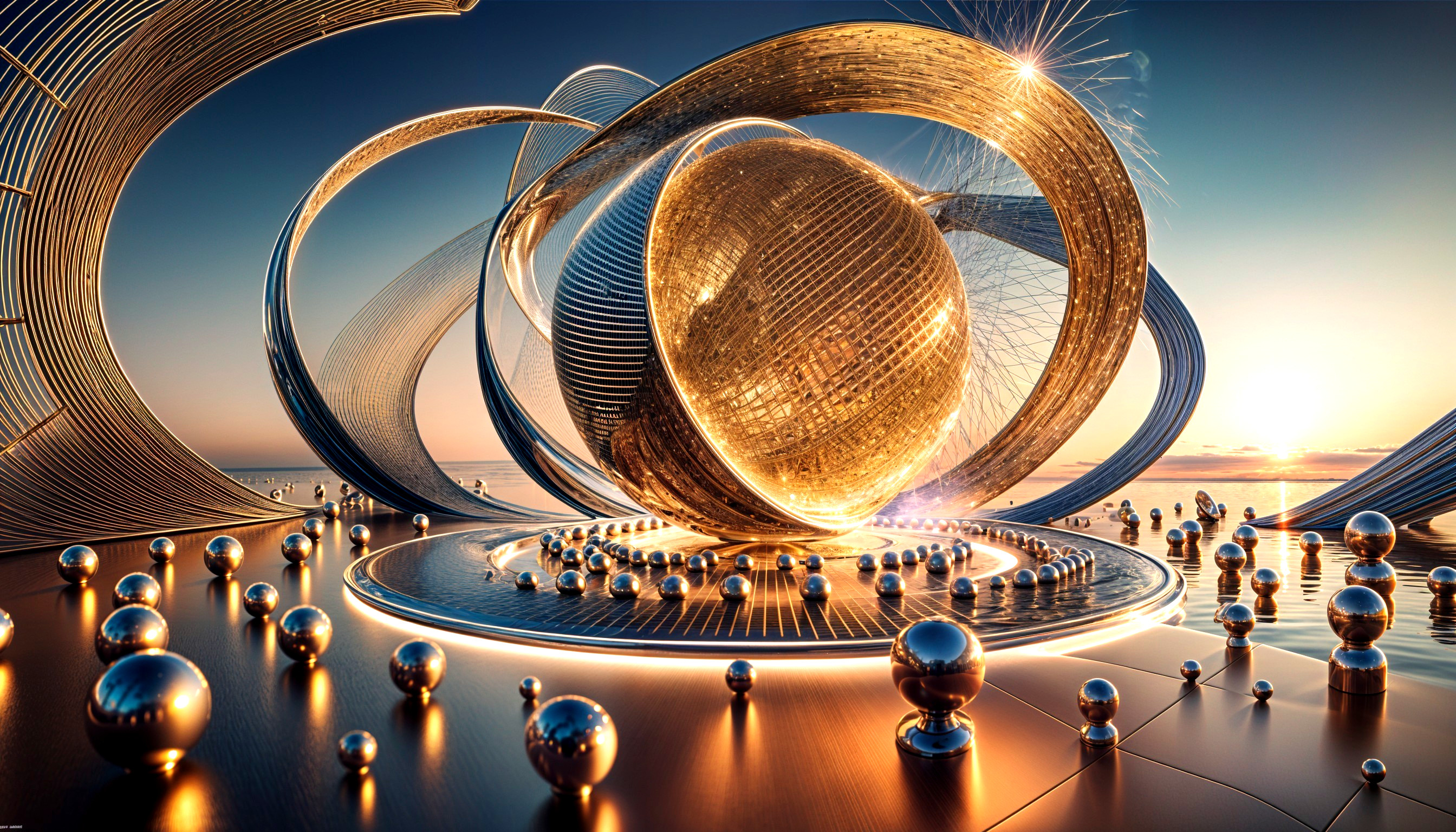 Futuristic landscape with golden sphere and metallic structures