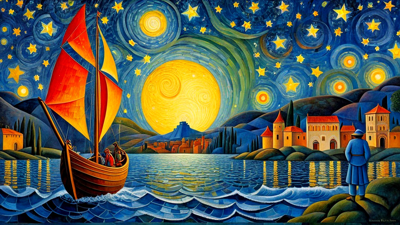 Vibrant Night Scene with Moon and Sailing Boat