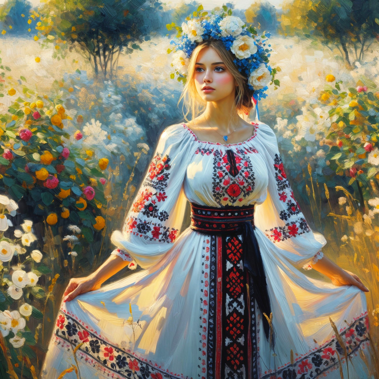 Young Woman in Floral Field with Traditional Dress