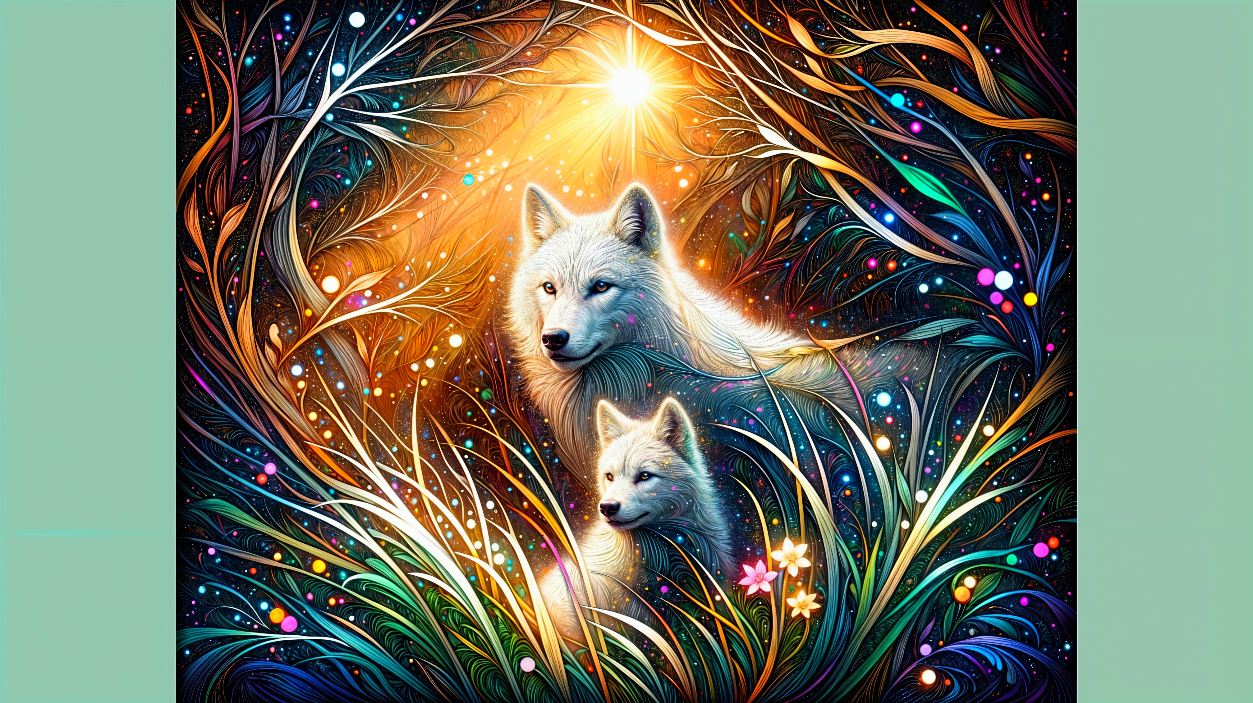 White Wolves in a Colorful Forest Setting