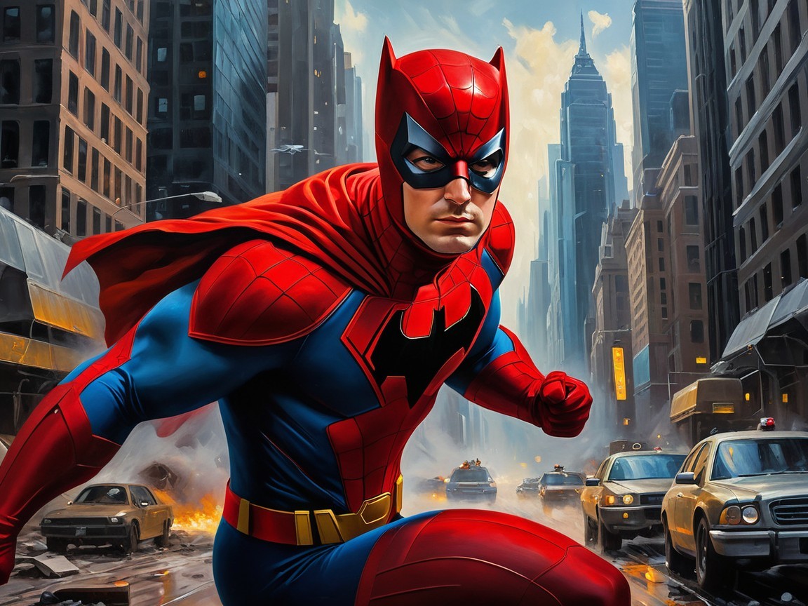 Superhero in Red and Blue Costume in Urban Chaos