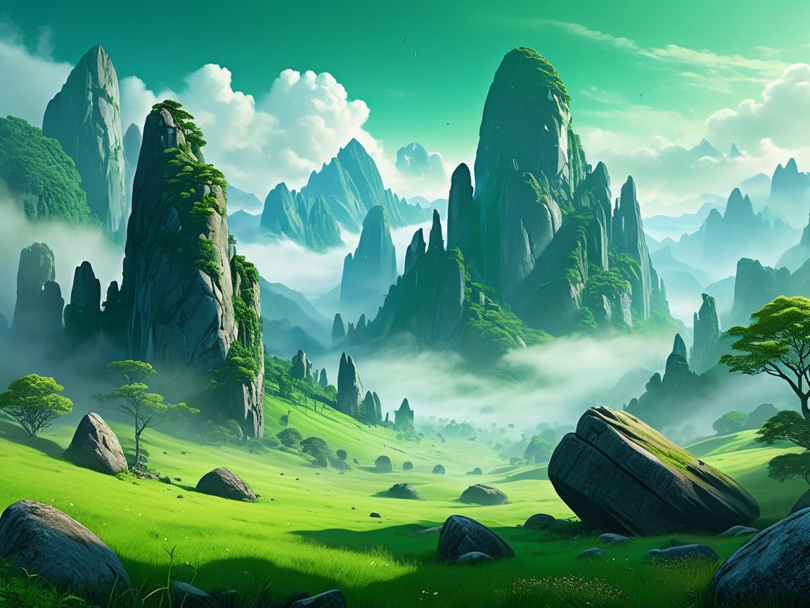 Lush Mountain Landscape with Mist and Dramatic Sky