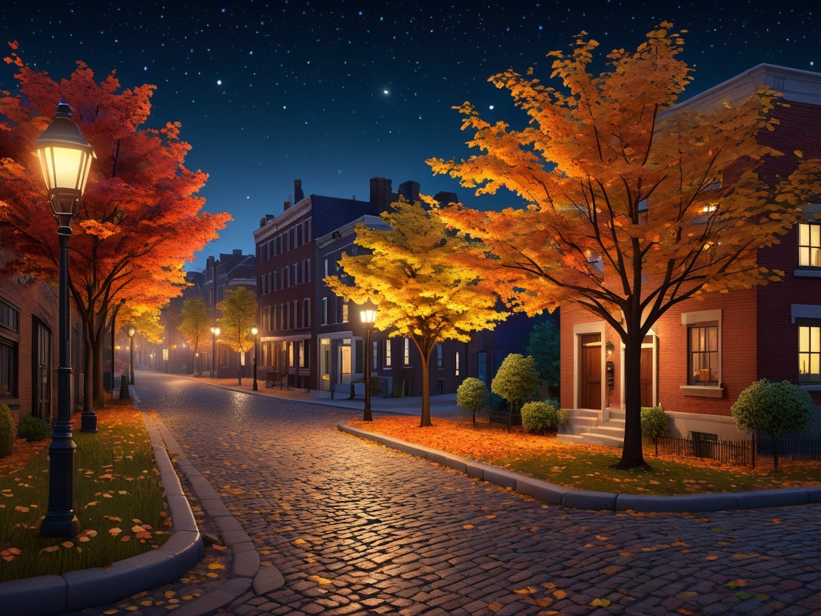 Tranquil Tree-Lined Street with Vintage Lampposts