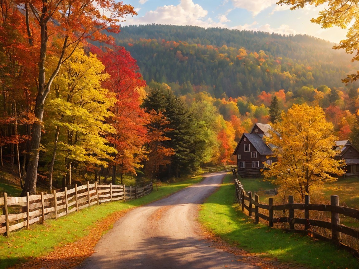 Countryside Scene with Autumn Foliage and Cabin