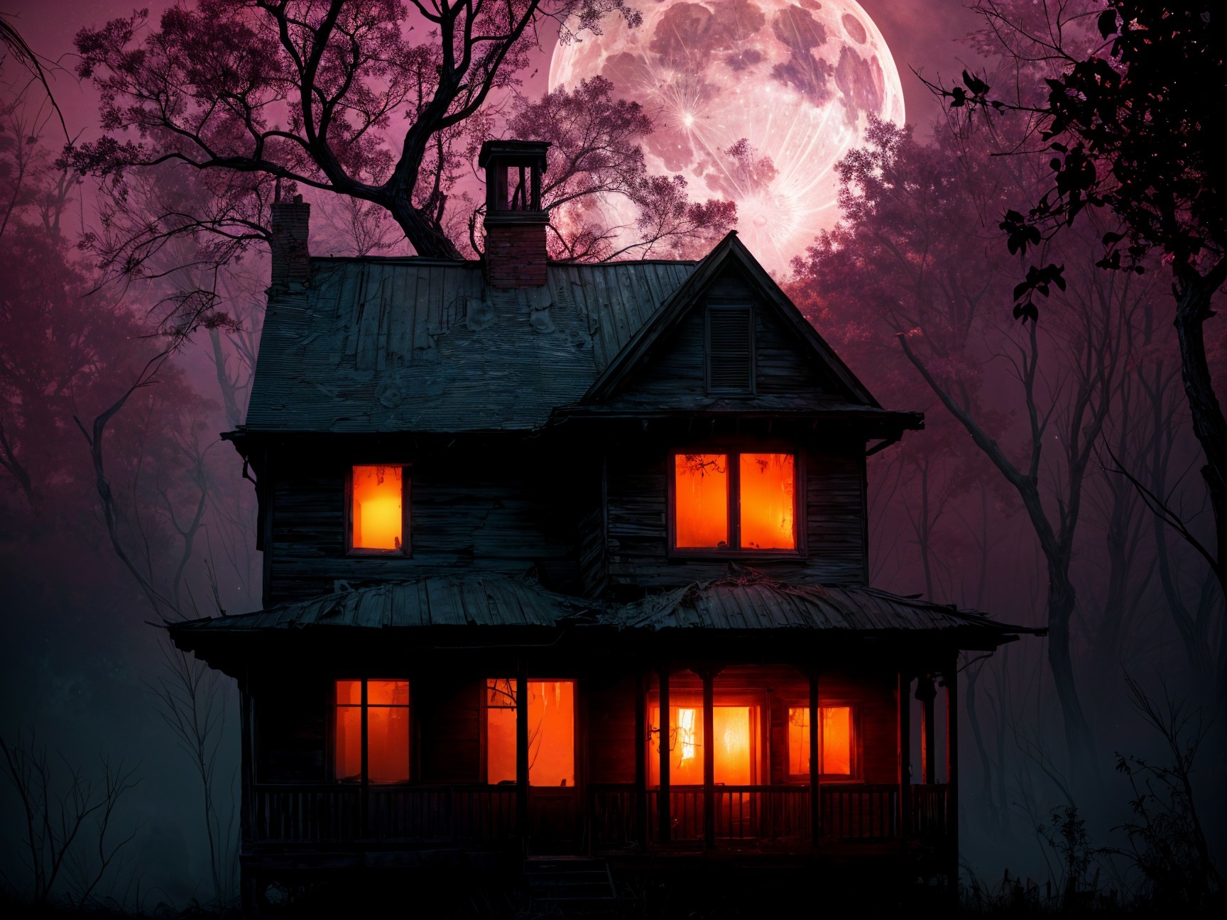 Eerie House in Misty Forest Under Full Moonlight