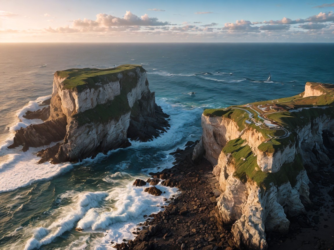 Coastal Scene with Cliffs and Sailboat at Sunset