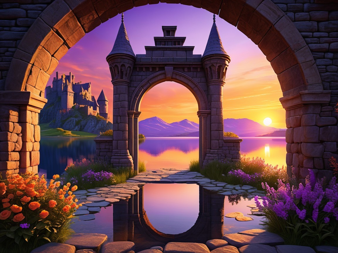 Majestic Stone Archway with Castle and Sunset Reflection
