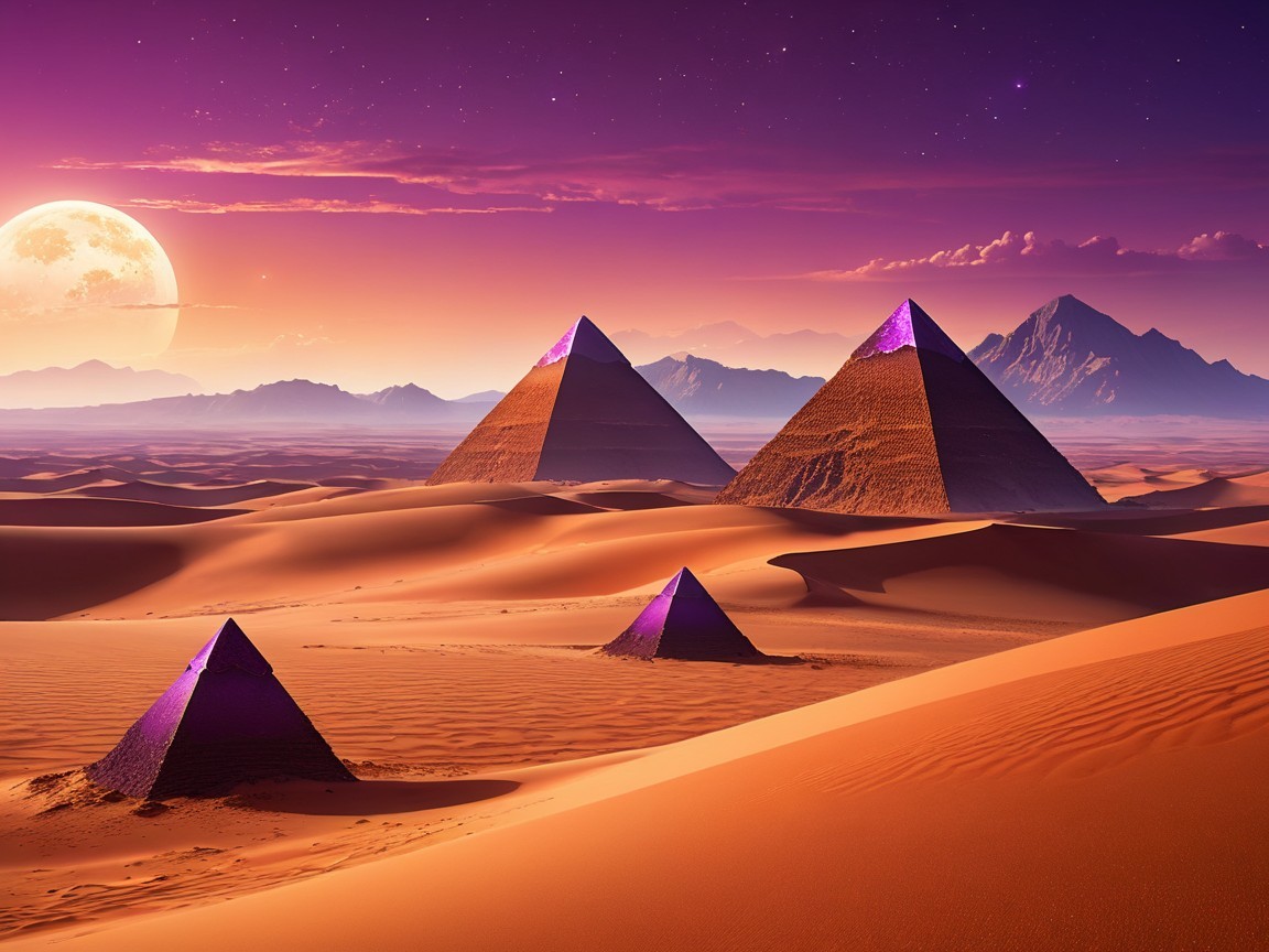 Desert Landscape with Pyramids and Luminous Moon