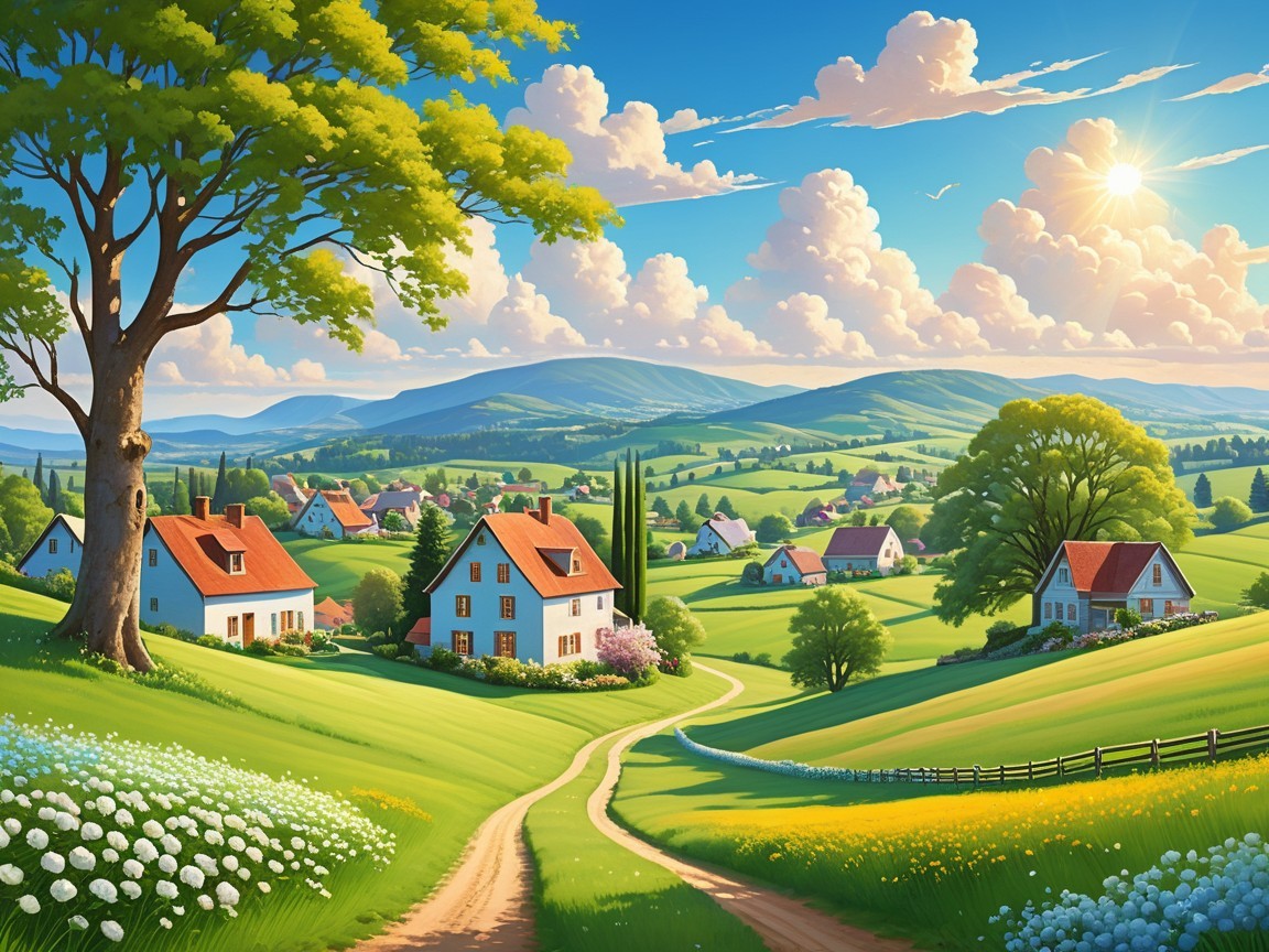 Idyllic countryside landscape with rolling hills and houses
