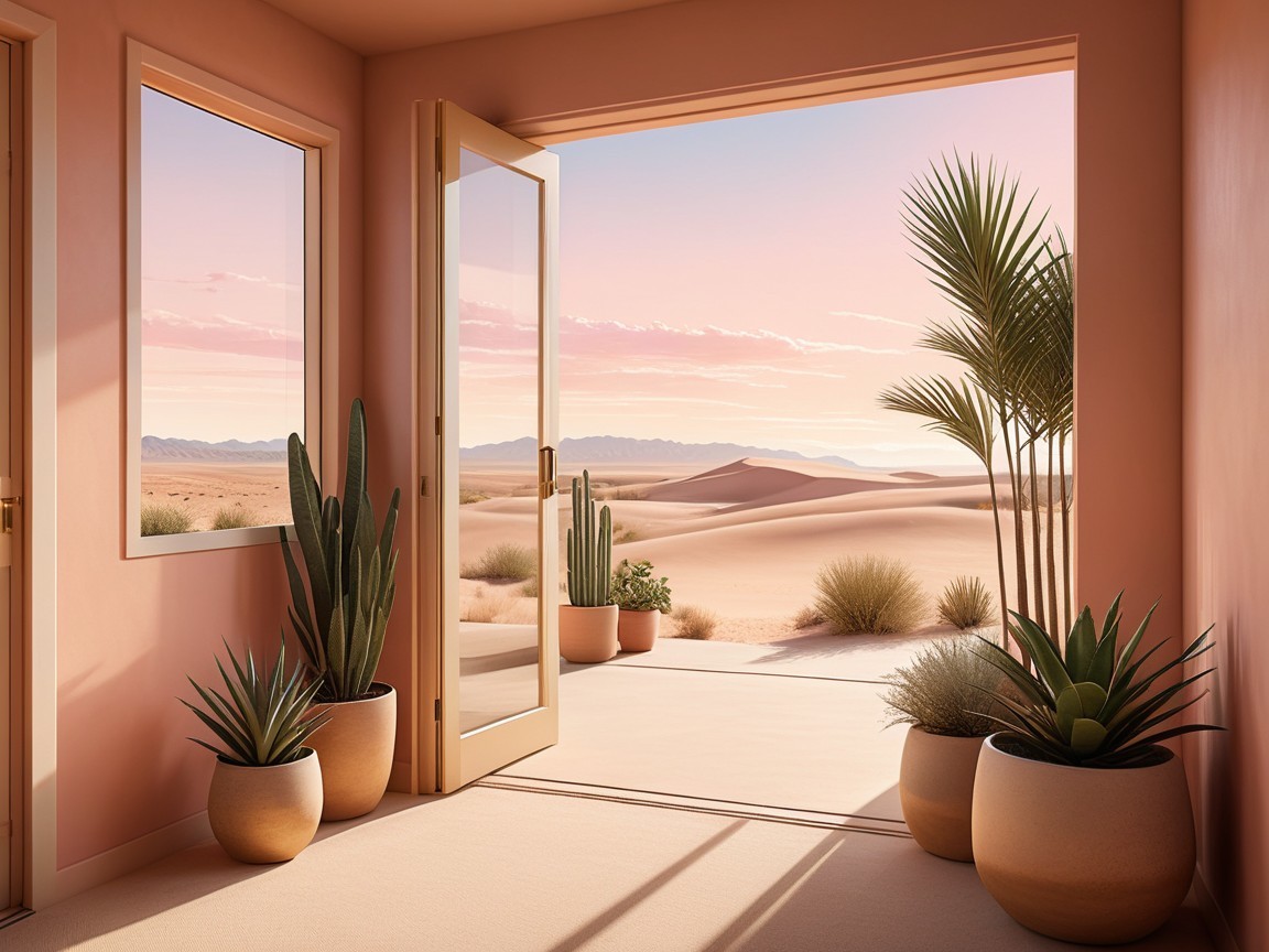 Peach-Hued Room with Desert Landscape View and Plants