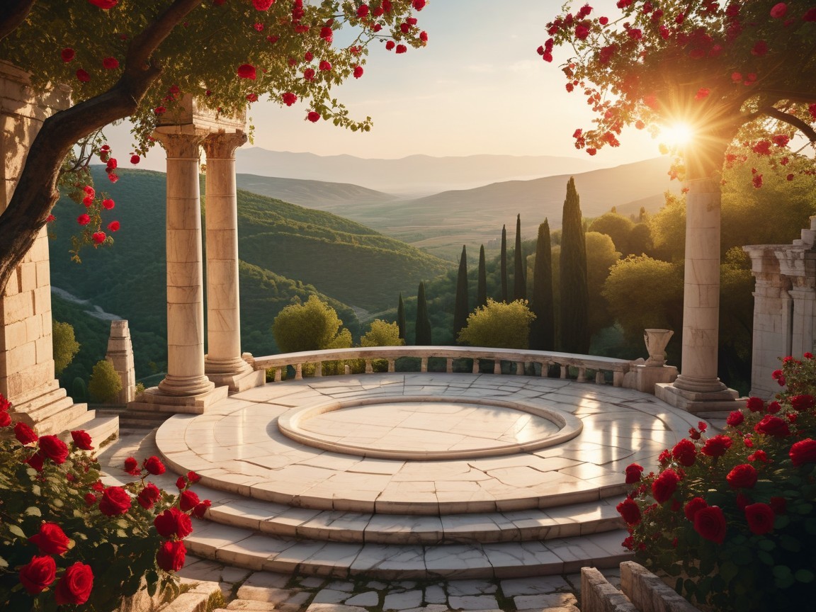 Classical Stone Pavilion Surrounded by Red Roses
