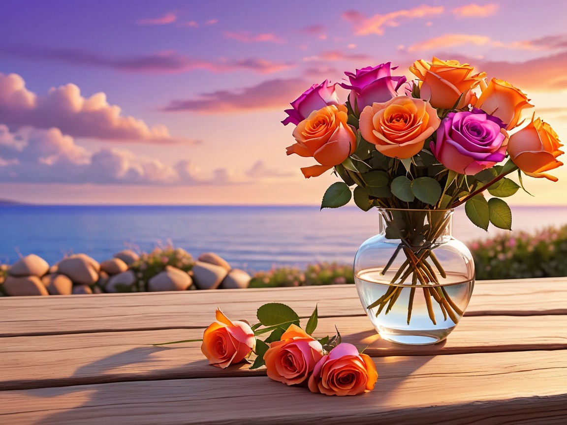 Vibrant Roses in Glass Vase with Sunset Background