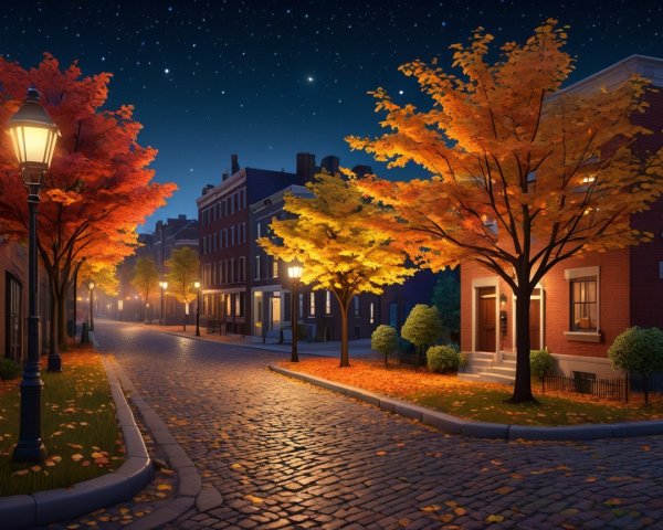 Tranquil Tree-Lined Street with Vintage Lampposts