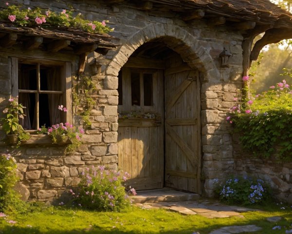 Quaint Stone Cottage Surrounded by Vibrant Flowers