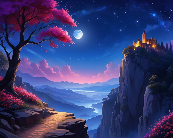 Tranquil Landscape with Castle and Moonlit River