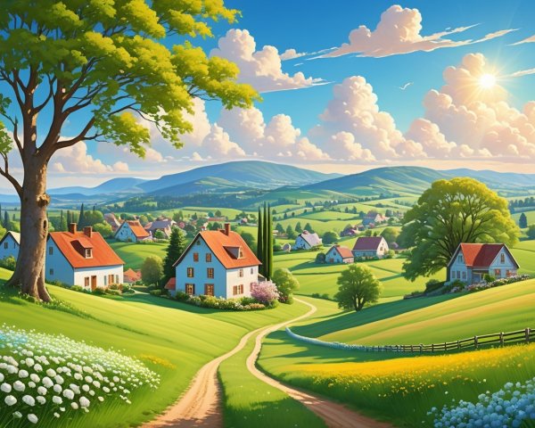 Idyllic countryside landscape with rolling hills and houses
