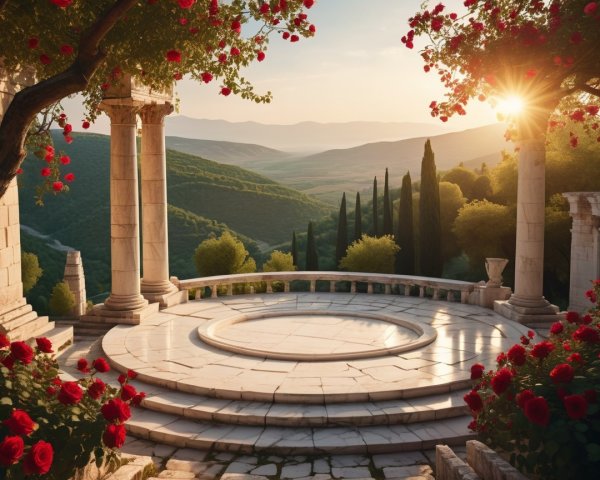 Classical Stone Pavilion Surrounded by Red Roses