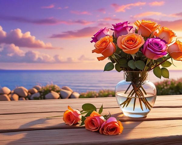 Vibrant Roses in Glass Vase with Sunset Background