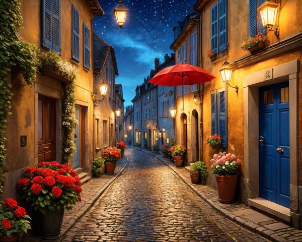 Charming Cobblestone Street with Flowering Pots and Lanterns